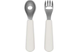Lalo Utensils - Toddler Fork and Spoon Set - Stainless Steel and Silicone Ergonomic Toddler Utensils - Children Safe Flatware Set - 2 Pieces - Oatmeal
