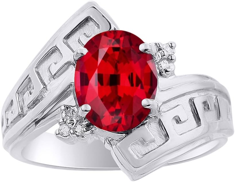 Diamond & Ruby Ring Set In Sterling Silver - Greek Key Design - Color Stone Birthstone Ring
