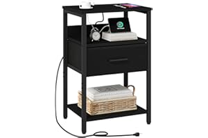 LDTTCUK Nightstand with Charging Station, Bedside Table with USB Ports and Outlets, End Table with Fabric Drawers, PU Finish and Storage Shelf, Night Stand for Bedroom, Black