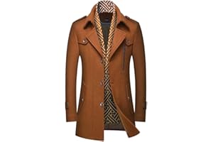 INVACHI Men's Wool Blend Coat Warm Winter Trench Coat with Detachable Soft Scarf Single Breasted Pea Coat