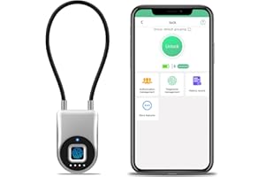 Dhiedas Fingerprint Gate Lock, 3.6'' Long Cable Fingerprint Lock, Smart Keyless Biometric Waterproof Outdoor Bluetooth Cord Gate Lock for Outdoor Fence Gym Locker Helmet Case