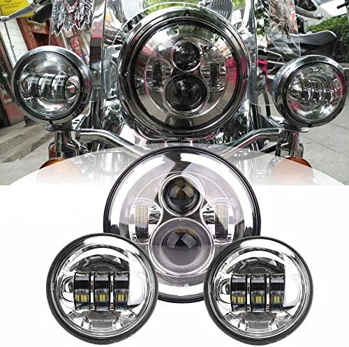 HOZAN 7 Inch Chrome Motorcycle LED Headlight + 2pcs 4-1/2 30W Auxiliary Spot Fog Light 4.5 inch Driving Passing Lamp Compatible with Street Glide Front Lights