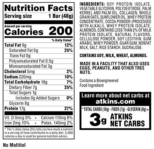 ATKINS CHOCOLATE CHIP GRANOLA PROTEIN MEAL BAR, HIGH FIBER, 17G PROTEIN, 1G SUGAR, 3G NET CARBS, MEAL REPLACEMENT, KETO FRIENDLY, 8 COUNT