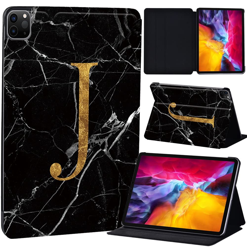PU Leather + hard shell Ultra slim lightweight Folio Flip Tablet Stand Smart Cover Case Fit iPad Air 4 10.9" (2020) / iPad Pro 11" (2018 2020 2021) (letter J on black marble)