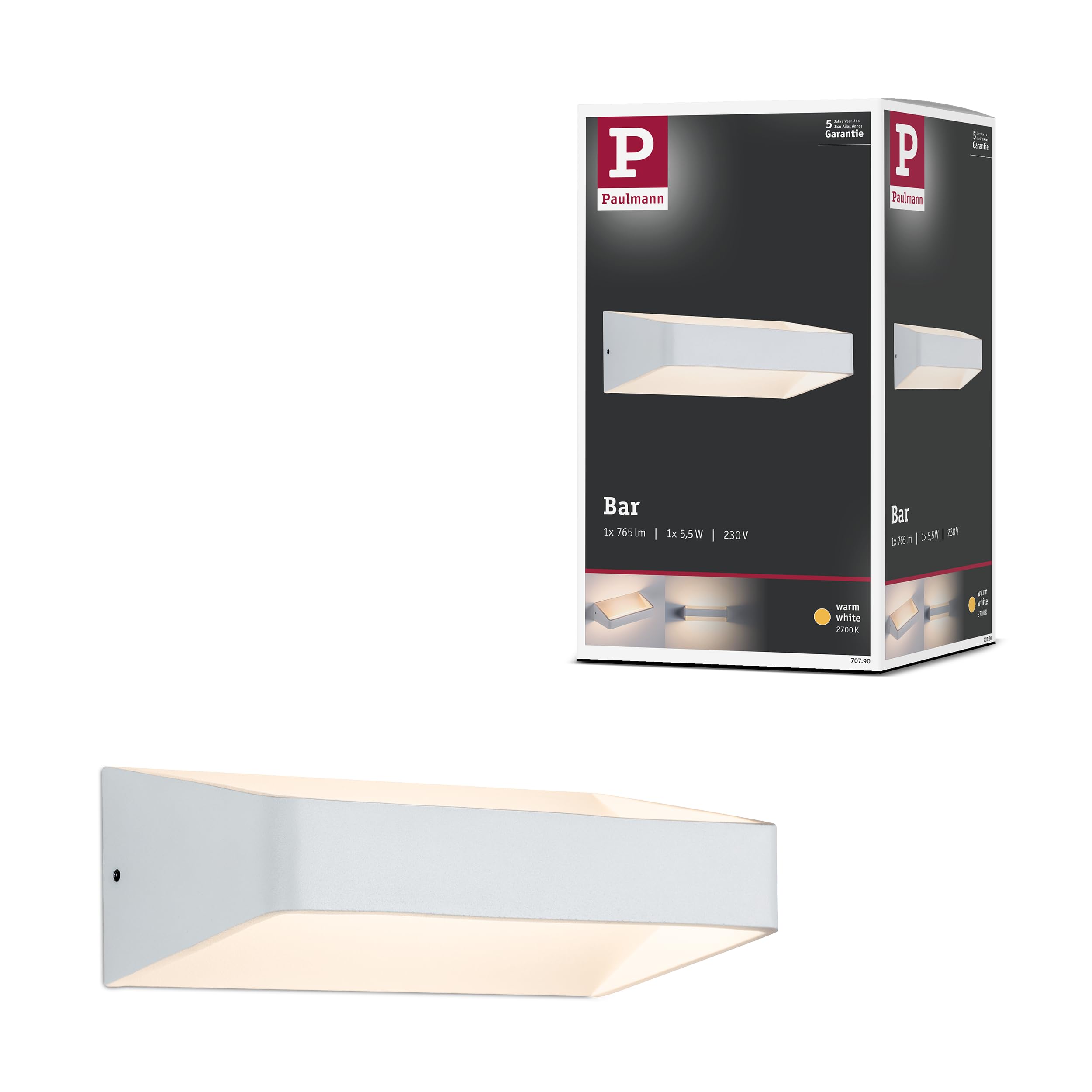 Paulmann 70790 Bar Wall luminaire Modern Wall lamp LED Wall Lighting 5.5W Lighting Accents White Lighting Effect 2700K Warm White Including lamp