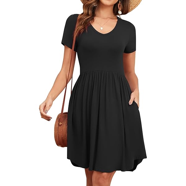 DouBCQ Women's Casual Short Sleeve Flowy Pleated Loose Dresses with Pockets  (0-Black, S) at Amazon Women's Clothing store