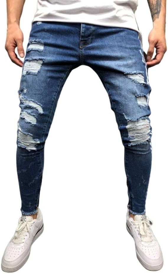 Men Holes Jeans Trendy with MultiPocket Jeans with Zipper Straight