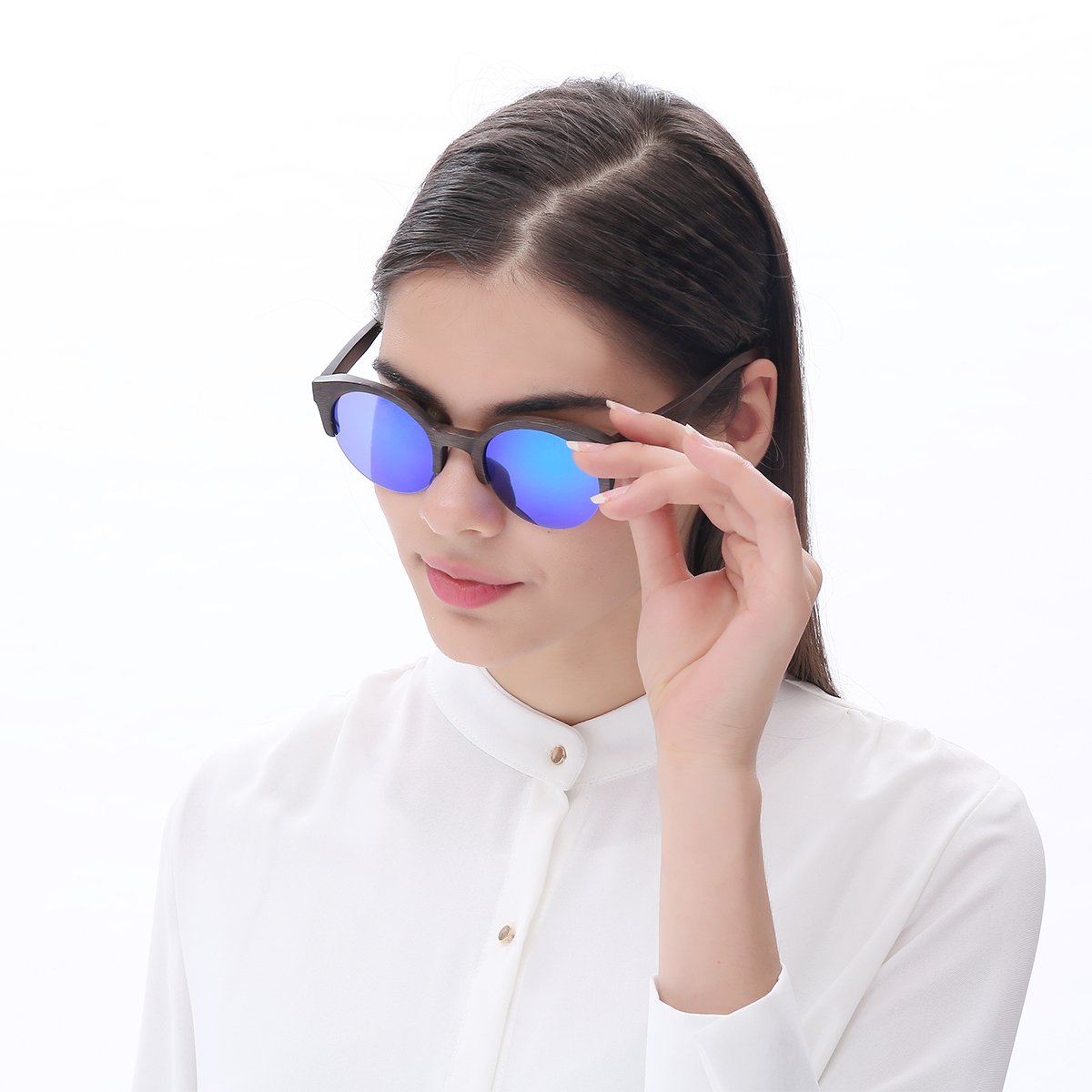 WISH CLUB Half Frame Round Wood Sunglasses Unisex Classic Mirrored Floating Vintage 60s Glasses(Green)