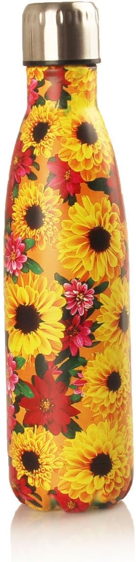 Luoda Double Walled Vacuum Flask - Insulated Stainless Steel Water Bottle - Leak Proof Cola Shape Portable Water Bottle - No Sweat,Hot/Cold 24 hours,17 Oz (500 ml) (Pretty Sunflower)