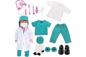 MSYO 18-Inch Doll Doctor Playset-Pretend Play Medical Kit with White Coat,Scrubs & Surgical Tools,STEM Roleplay Costume for Kids Ages 3-12,Fits Most 18-Inch Girl & Boy Dolls(Green)