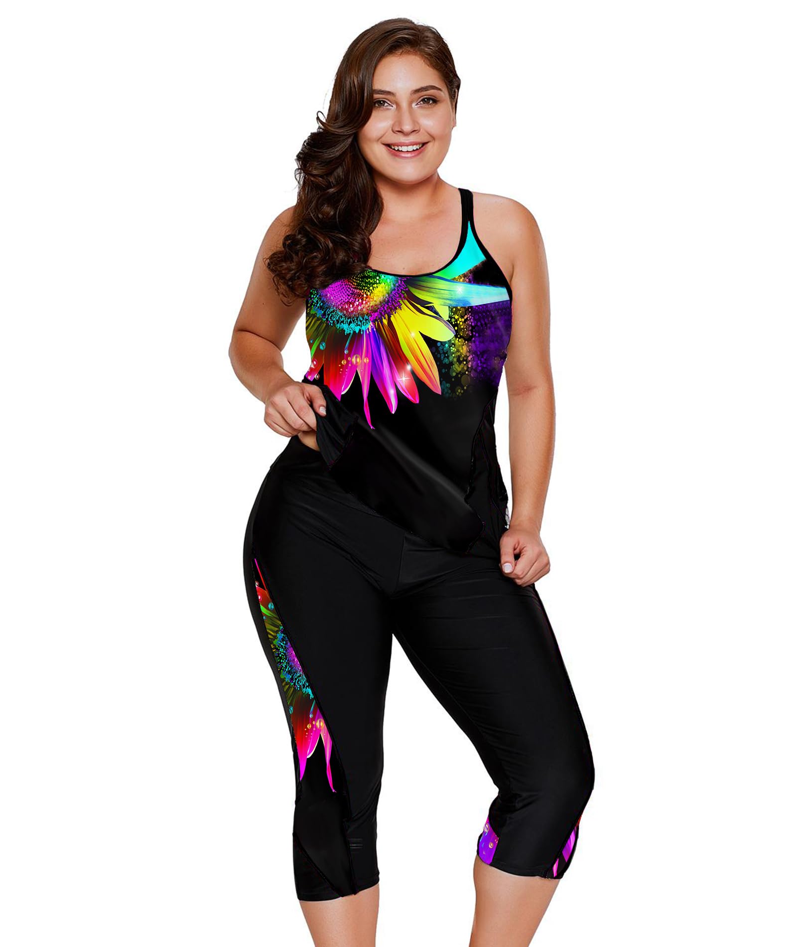 Photo 1 of **Pic for reference its shorts and the top** LALAGEN Womens Plus Size Swimsuits 2025 Modest Rash Guard Capris Tankini Bathing Suits Two Piece Bathing Suit Swimwear Colorful Sunflower XXL