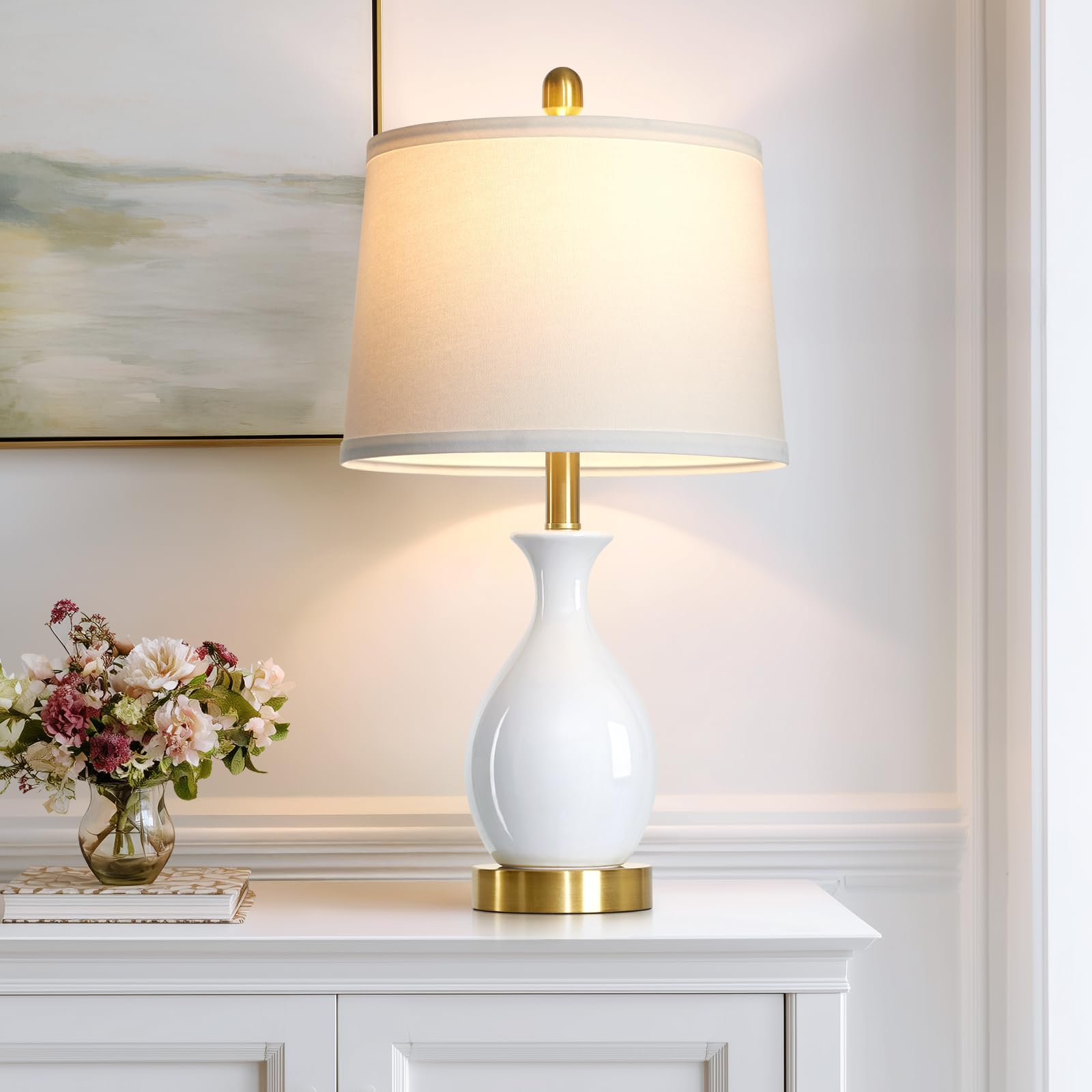 Photo 1 of ***DAMAGED - SEE NOTES/PICTURES*** luxeflow 24" Bedside Table Lamp for Bedroom, Modern Classic Ceramic Lamp for Living Room, Small White Table Lamps for Nightstand & End Table (1 Pack)