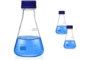 Okulab 2pcs Erlenmeyer Flask Set with Blue Cap, 1000ml Lab Erlenmeyer Flasks Glass Erlenmeyer Flasks, Borosilicate 3.3 Glass Material with Printed Graduation, EFG45G1000A2