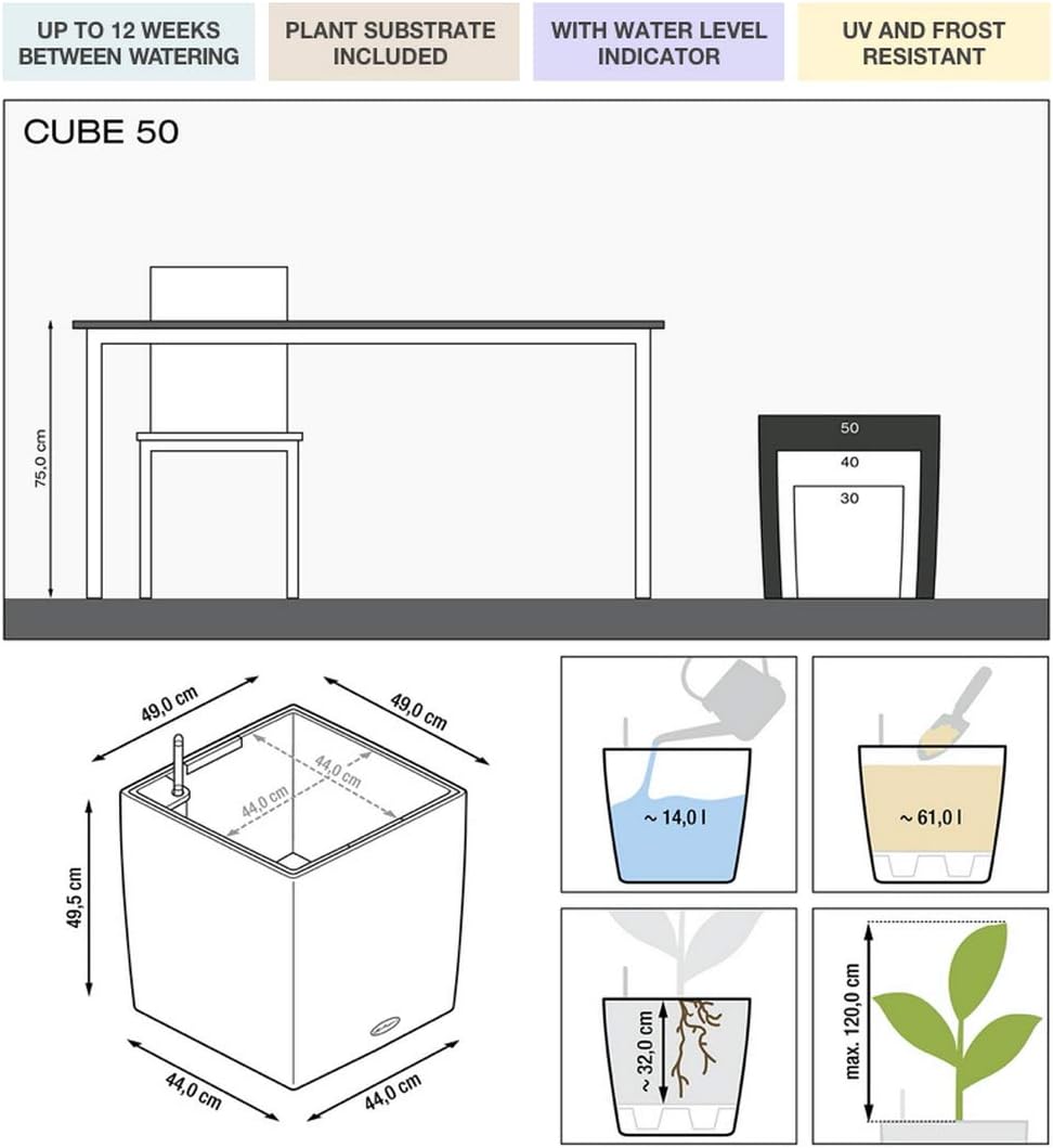 Lechuza Self Watering Plant Pot CUBE 50 Garden Flower Indoor and Outdoor Large Plastic Planter with Drainage Hole H50 L50 W50 cm White High-Gloss - Image 3