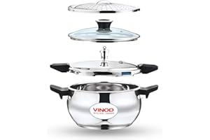 Vinod Magic Stainless Steel Smart 3 in 1 Pressure Cooker 3.7 Qt | 5mm Thick Base | All in One Cooker Strainer & Glass Lid | I
