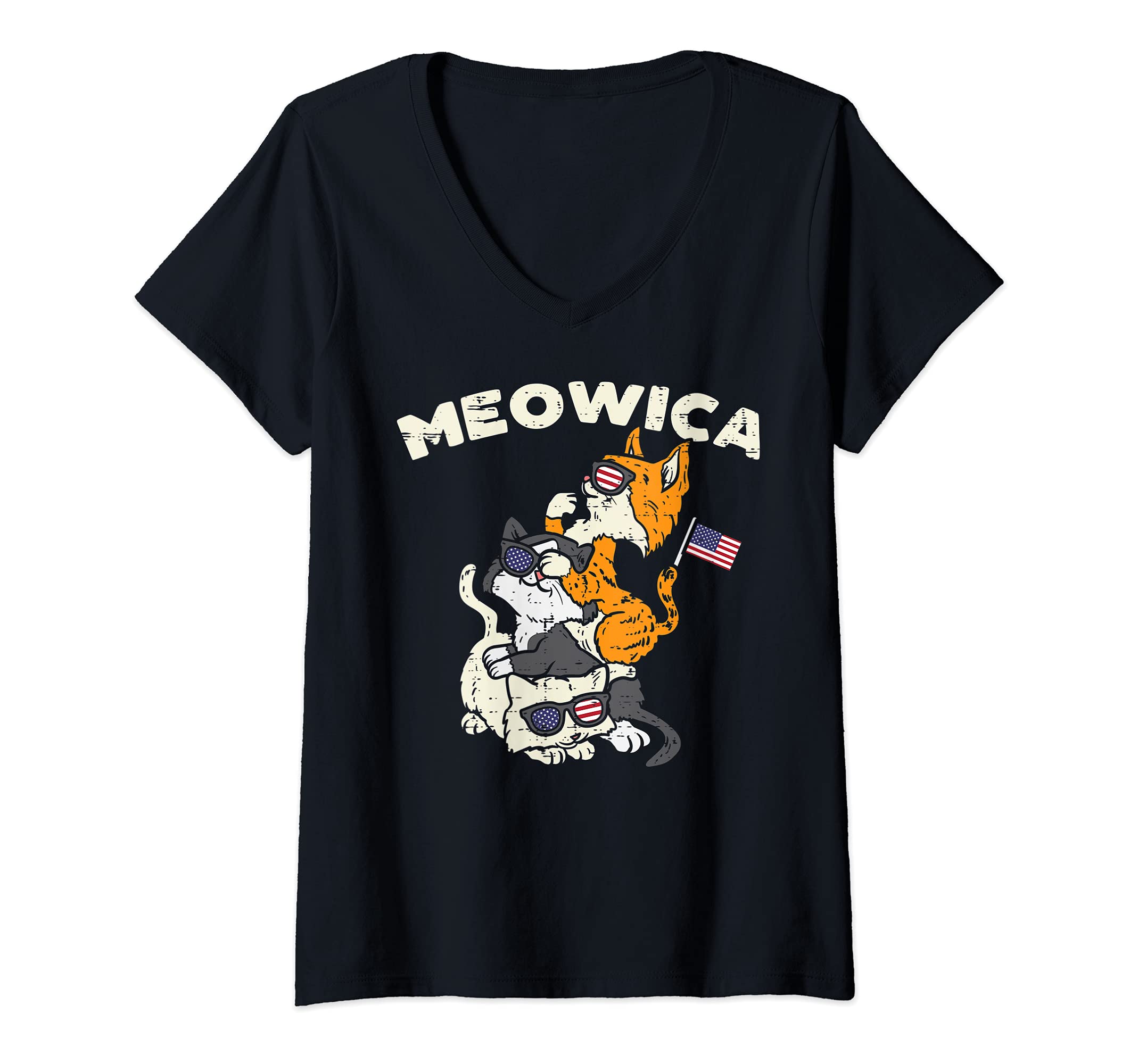 Womens Meowica Kitten Cats American Flag USA Pet 4th Of July Fourth V-Neck T-Shirt