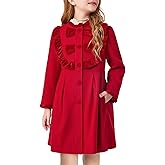 Haloumoning Girls Dress Coat Kids Ruffle Button Down Cute Bow Long Winter Jackets with Pockets 3-12 Years