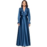 Xscape Women's Satin Long Sleeve Collared Neck Floor Length Dress