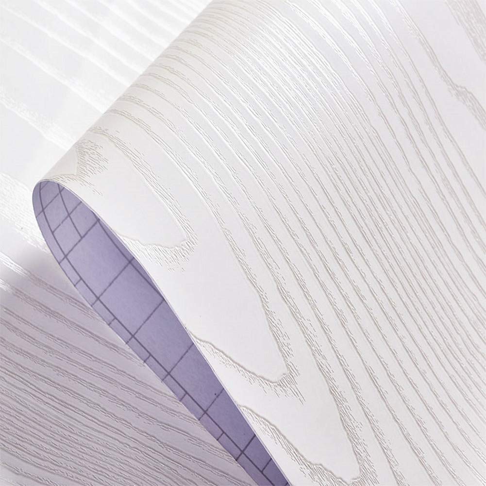 Thick Silver White Wood Grain Textured Vinyl Peel Stick Paper Film Furniture Cabinets Wardrobe Shelf Liner Wallpaper Sticker,30cm by 200cm (Sliver White)