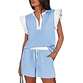 Tankaneo Womens 2 Piece Lounge Sets Summer Outfits V Neck Ruffle Cap Sleeve Tops and Shorts Vacation Matching Set
