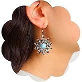 Iaceble Boho Turquoise Flower Dangle Earrings Silver Sapphire Flower Earrings Tribal Turquoise Earrings Ethnic Turquoise Drop Earrings Blue Stone Earrings Jewelry for Women