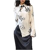 SweatyRocks Women's Chinese Cheongsam Top Floral Print Mock Neck Flare Long Sleeve Split Blouses