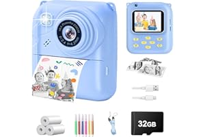 QDH Instant Print Camera for Kids, 1080P Video Camera with 3 Print Rolls, 32GB Card & Cute Cover, Gift for Girls Boys Age 3-12, Toddler Digital Camera with Games, Filters, Music – Blue