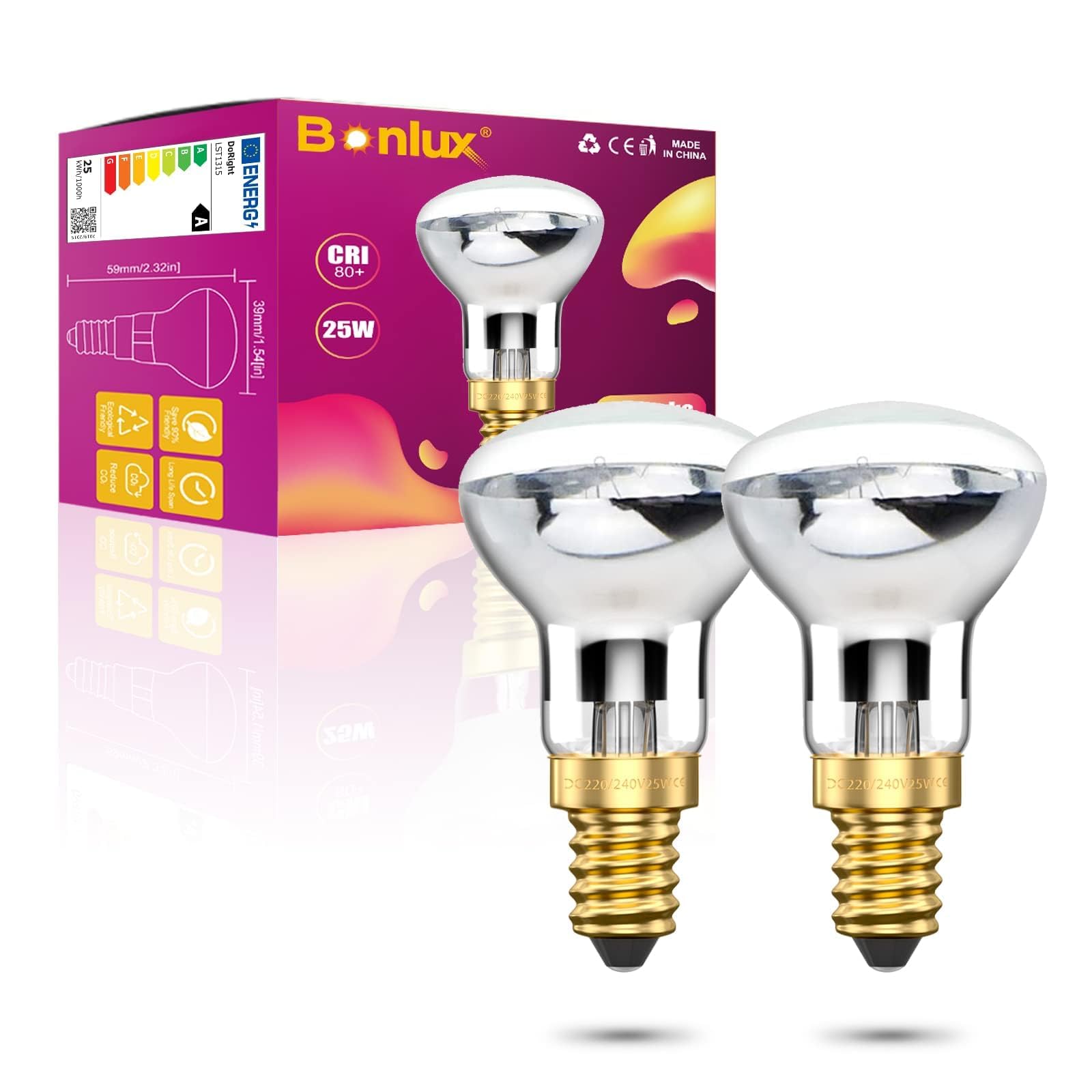 Bonlux R39 E14 Reflector Bulbs Spot Lights Lava Lamp 25W Dimmable Super Bright Small Edison Screw Base SES Energy Saving Light Bulbs Warm White 2400-2600K 360 Degree Wide Beam Angle 240V(2-Pack)