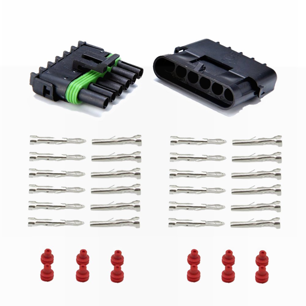 MUYI 3 Kit 6 Pin Way Waterproof Electrical Connector Green Seal Red Insert 1.5mm Series Terminals Heat Shrink Quick Locking Wire Harness Sockets