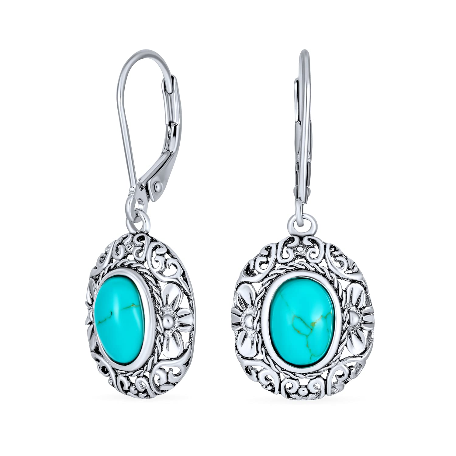 Boho Western Style Floral Scroll Milgrain Semi Precious Blue Turquoise Dome Oval Dangle Drops Earrings For Women Lever Back Oxidized .925 Sterling Silver