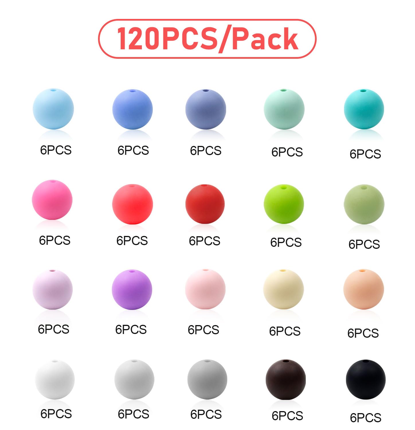 120PCS FIVEIZERO Silicone Beads, 20 Colors15mm Mixed Color Round Rubber Focal Beads Silicone Beads Bulk for DIY and Keychain Accessories Crafts Making