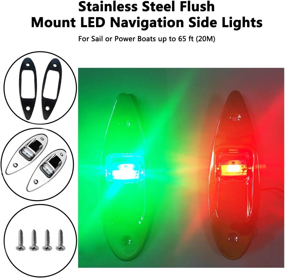 LED Navigation Side Lights,Marine Boat Stainless Steel Flush Mount Waterproof Light 12V, Teardrop Bow Lights,LED Bow Navigation Lights Pontoons Sailing Signal Lights,Red and Green - 1Pair: Automotive