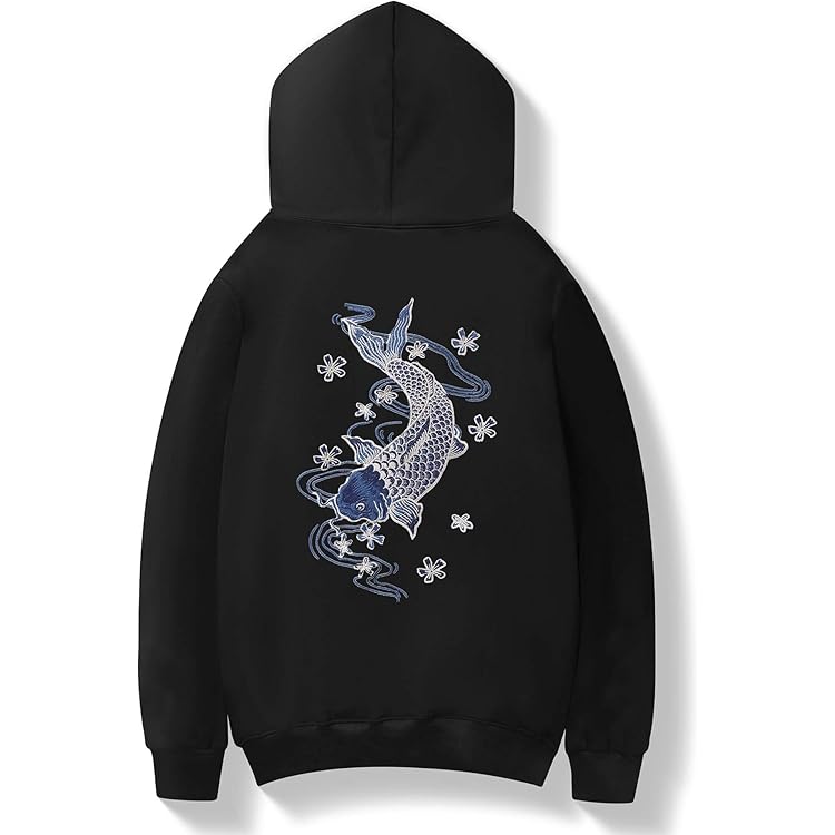 MFCT Japanese Streetwear Dancing Fish Embroidered Graphic Hoodies