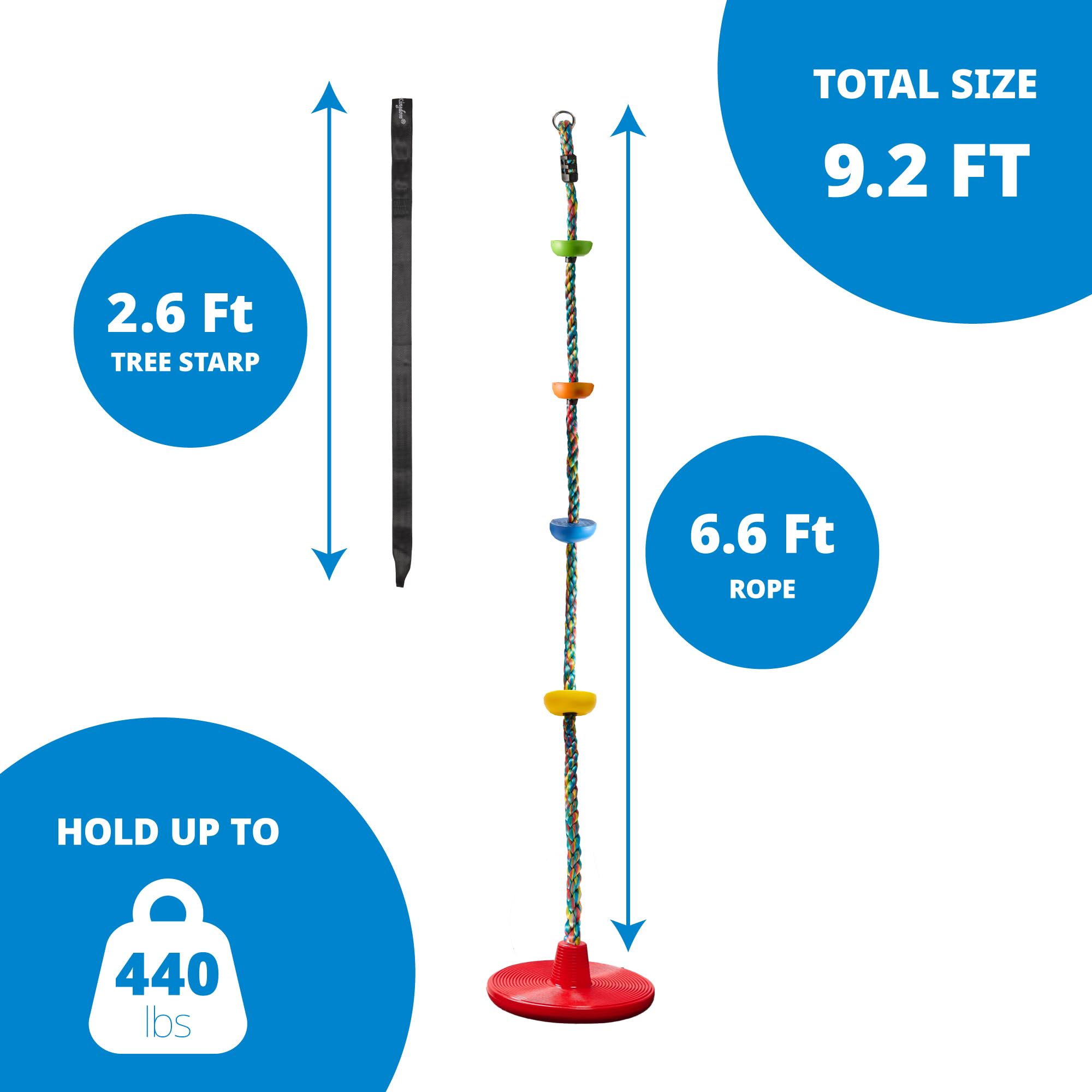 Jungle Gym Kingdom Tree Swing for Kids - Single Disc Seat and Rainbow Climbing Rope Set w/Carabiner and 4 Foot Strap - Treehouse and Outdoor Playground Accessories - Red