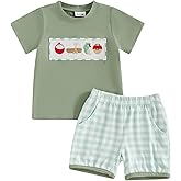 Toddler Baby Boy Fishing Outfit Short Sleeve Crew Neck Shirt and Plaid Elastic Waist Shorts Set Infant Summer Clothes