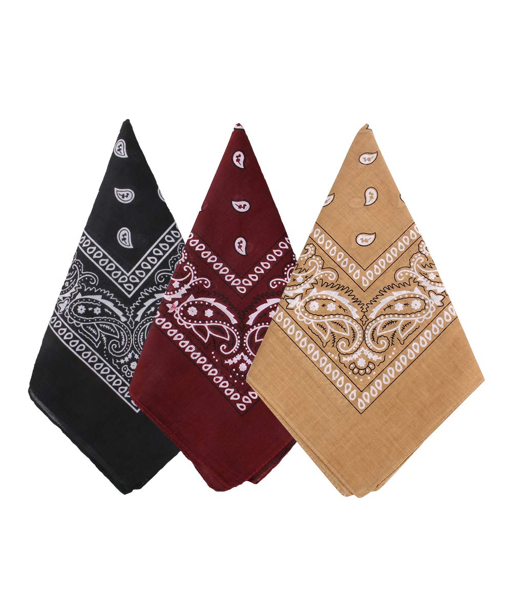 Bycc Bynn 3 Pack 100% Cotton Paisley Bandanas Face Mask Square Scarf Headwea(Black + Burgundy + Dark Yellow)