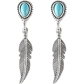 Silver Feather Earrings Feather Dangle Earrings Turquoise Feather Earrings Bohemian Western Style Native American Earrings Jewelry