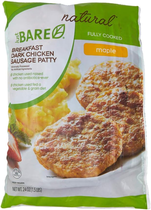 Just BARE Natural Chicken Breakfast Sausage Patties | Fully Cooked | Maple | Frozen | 1.50 LB