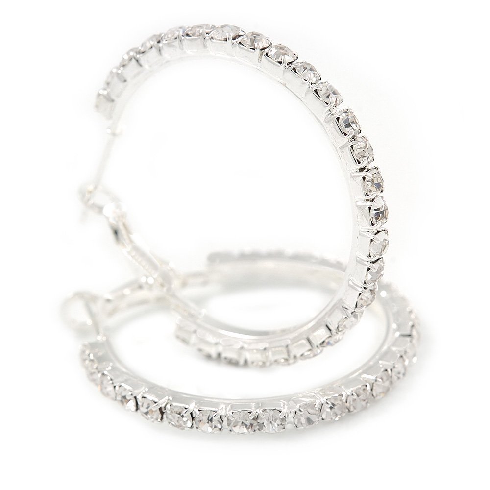 35mm D/Medium Clear Crystal Hoop Earrings/Silver Tone Metal