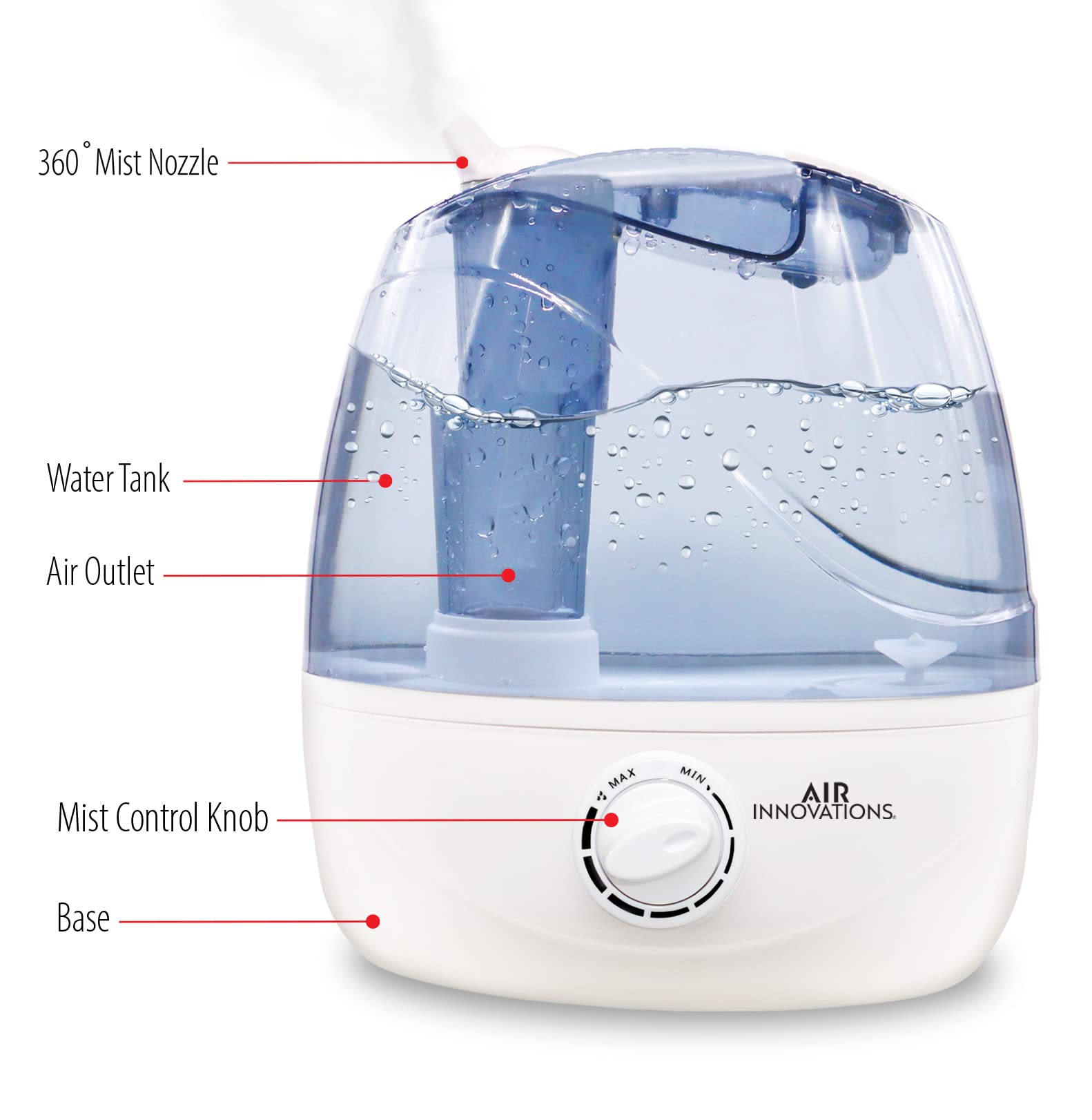 Air Innovations AI-103 Ultrasonic Cool Mist Humidifier for Bedroom – Quiet Cool Mist Diffuser with 2.5L Tank, 23-Hour Runtime, Auto Shut-Off, 360° Nozzle – Ideal for Home, Dorm, & Apartment Essentials