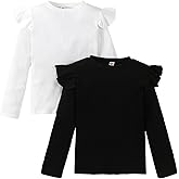 LYQTloml Toddler Girl Shirts Ruffled Long Sleeve Baby Tee Tops, Ribbed Toddler Girl Blouse, Baby Girl Clothes 2-Pack 1-6Y