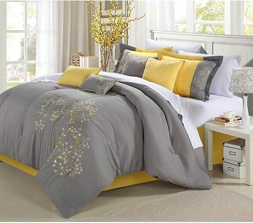 Amazon Com Os 8 Piece Girls Queen Grey Yellow Floral Comforter