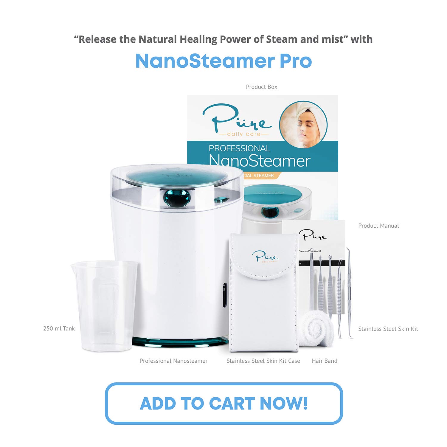 NanoSteamer PRO Professional 4-in-1 Nano Ionic Facial Steamer for Spas - 30 Min Steam Time - Humidifier - Unclogs Pores - Blackheads - Spa Quality - 5 Piece Stainless Steel Skin Kit Included: Beauty