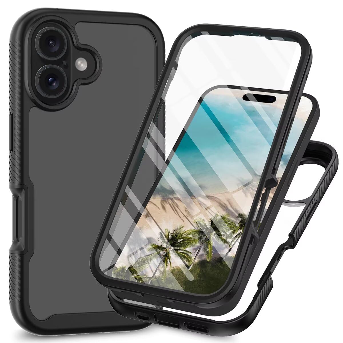 Lvnarery For iPhone 16 Case with Built-in Screen Protector Military Grade Shockproof Clear Cover 360° Full Body Protective Rugged Bumper Phone Case for iPhone 16 Black