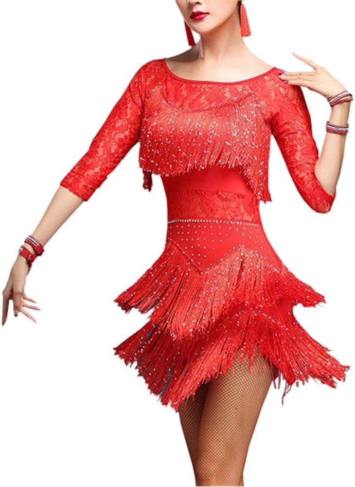Women Latin Dance Dress Salsa Cha Cha Tango Ballroom Costume Lace Tassel Rumba