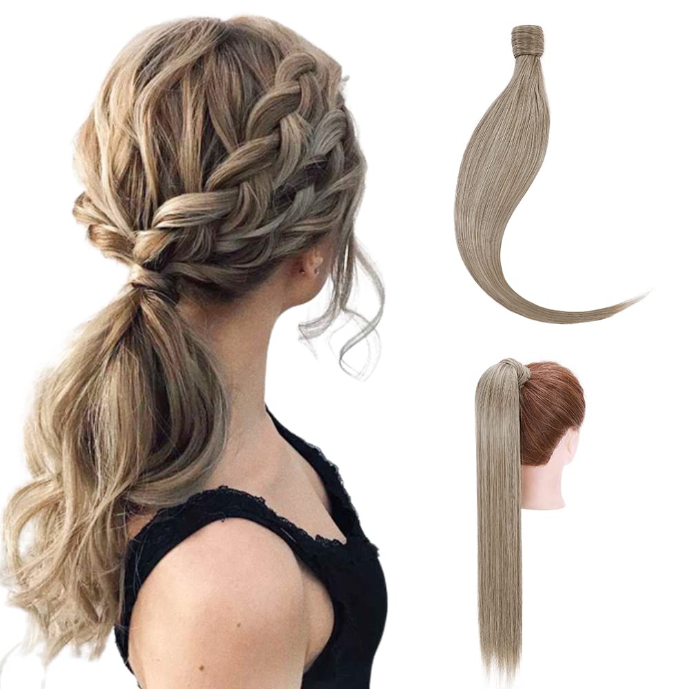 S-noilite 23" Long Straight Wrap around Ponytail Extensions Clip in Ponytail Hair Extensions Hairpiece for Women for Daily Use Ash Brown mix Bleach Blonde