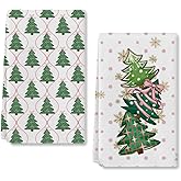 RABUSOFA Christmas Kitchen Towels Dish Towels, 18x26 Inch Green Xmas Tree Farmhouse Star Snowflakes Christmas Decor Decorations Cleaning for Home Set of 2