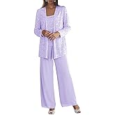 Senunlia 3 Pieces Chiffon Mother of The Bride Pant Suits for Wedding Sequin Grandmother of The Bride Pant Suits with Jacket