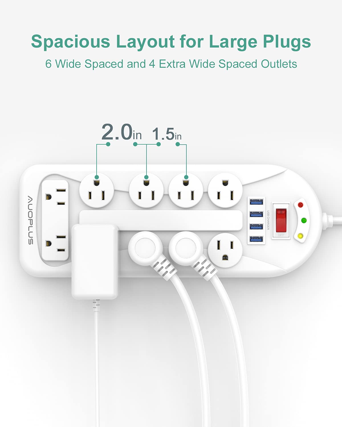 Surge Protector Power Strip with USB, 6ft Extension Cord, 10 Outlets and 4 USB Ports, AUOPLUS Mountable Power Strips Flat Plug with Overload Protection for Home, Office and Dorm, ETL Listed