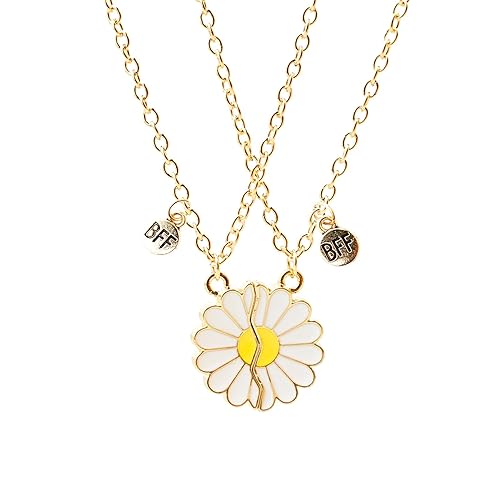 VGRDTW friendship necklace, friendship necklace for 2, best friend necklaces for 2, 2-piece semi spliced daisy double necklaces set, flower pendant jewelry for friends couples parents birthday, gold